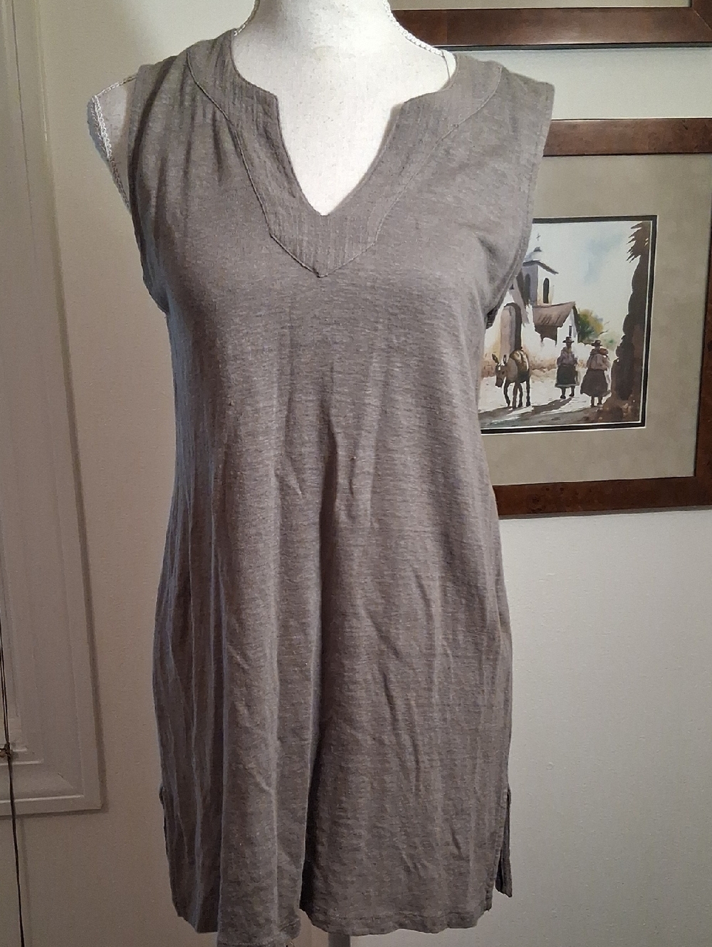 Taupe Linen Artisan Ny Sleeveless V-Neck Tunic